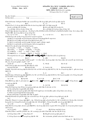 Đề kiểm tra trắc nghiệm (bài số 1) năm học  2014 - 2015 môn Hóa 11 (30 câu trắc nghiệm) thời gian làm bài 45 phút